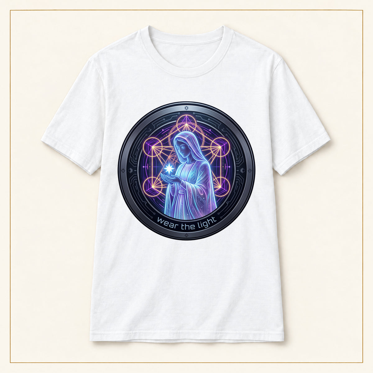 Virgin Mary T-Shirt — Neon Sacred Geometry — compact lay-flat, production print scale and placement — White