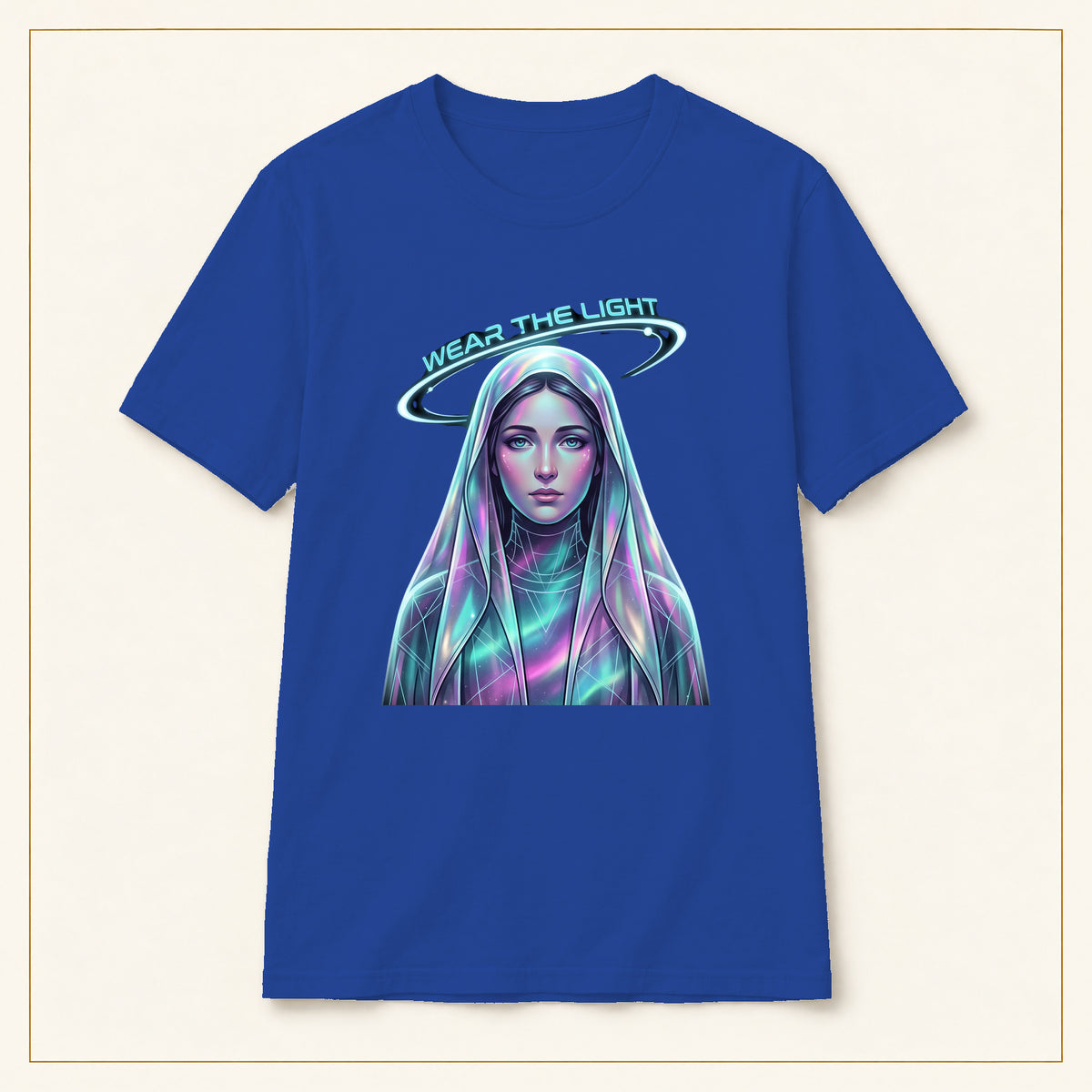 Neon Halo Portrait T-Shirt — Wear the Light — compact lay-flat, production print scale and placement — Royal