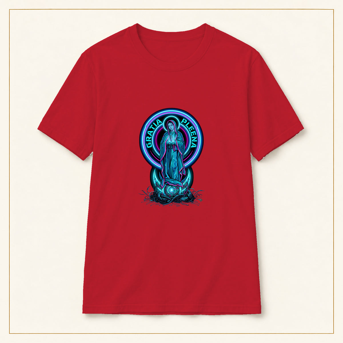 Gratia Plena T-Shirt — Neon Virgin Mary — compact lay-flat, production print scale and placement — Red