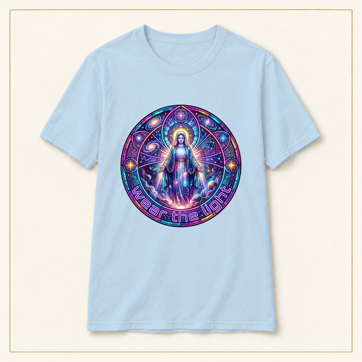 Mystic Madonna T-Shirt — Cosmic Stained Glass — compact lay-flat, production print scale and placement — Light Blue