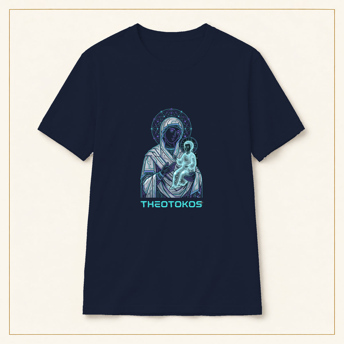 Theotokos T-Shirt — Neon Madonna & Child — compact lay-flat, production print scale and placement — Navy