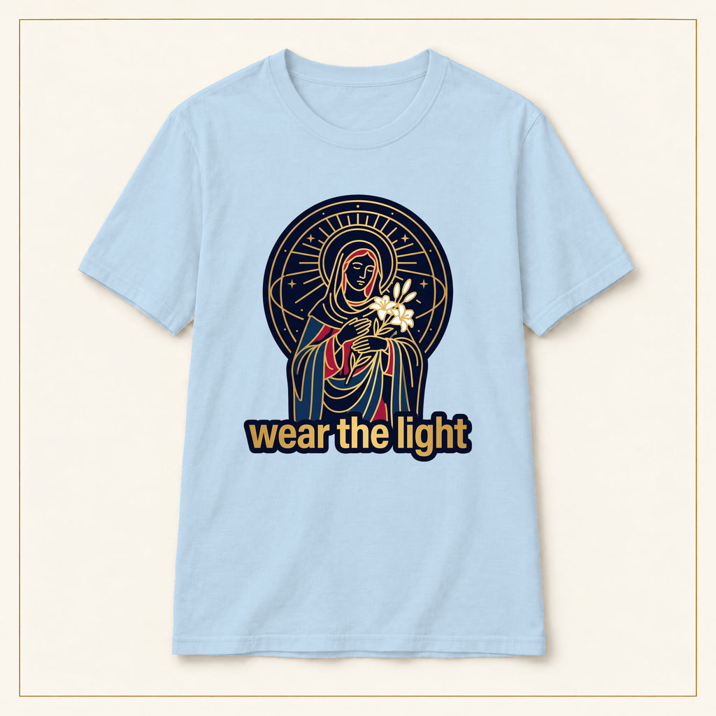 Radiant Madonna T-Shirt — Wear the Light — compact lay-flat, production print scale and placement — Light Blue