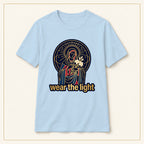 Radiant Madonna T-Shirt — Wear the Light — compact lay-flat, production print scale and placement — Light Blue