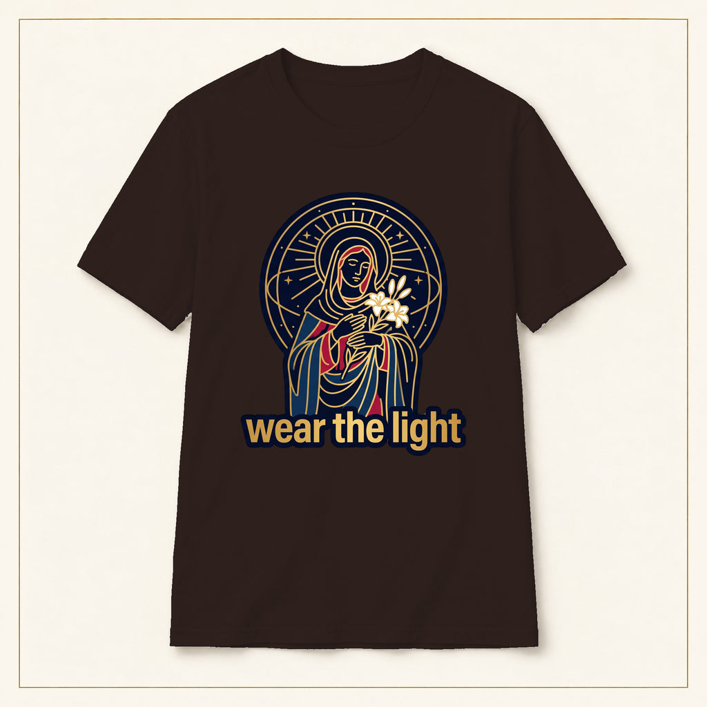 Radiant Madonna T-Shirt — Wear the Light — compact lay-flat, production print scale and placement — Dark Chocolate