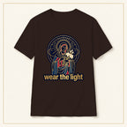Radiant Madonna T-Shirt — Wear the Light — compact lay-flat, production print scale and placement — Dark Chocolate