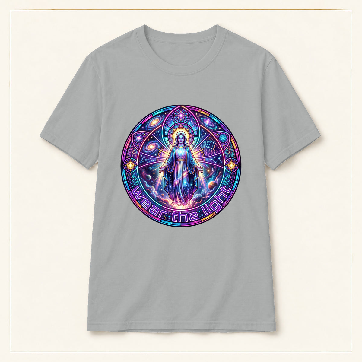 Mystic Madonna T-Shirt — Cosmic Stained Glass — compact lay-flat, production print scale and placement — Sport Grey