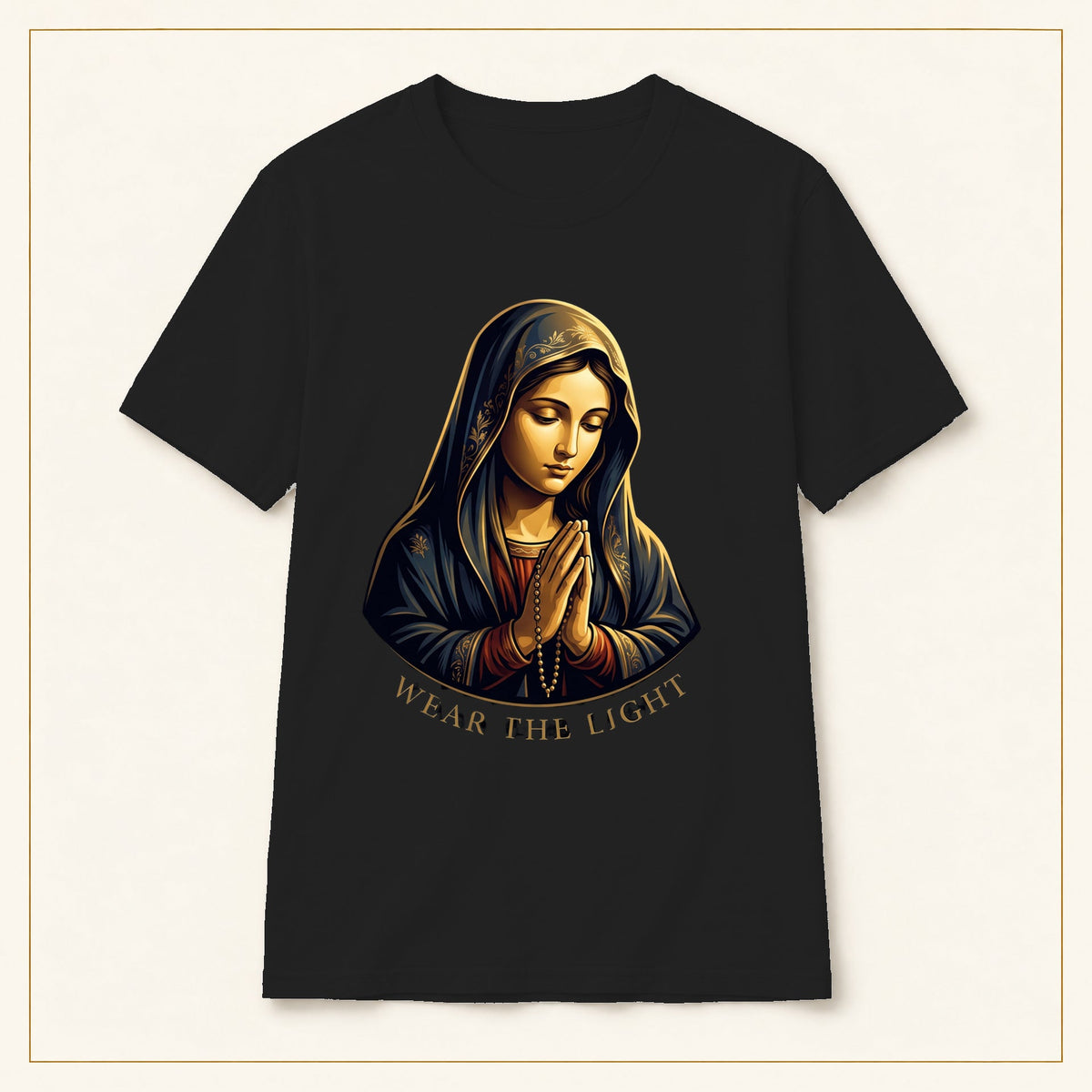 Mary Floral Line Art T-Shirt — Wear the Light — black shirt on warm limestone with gold frame