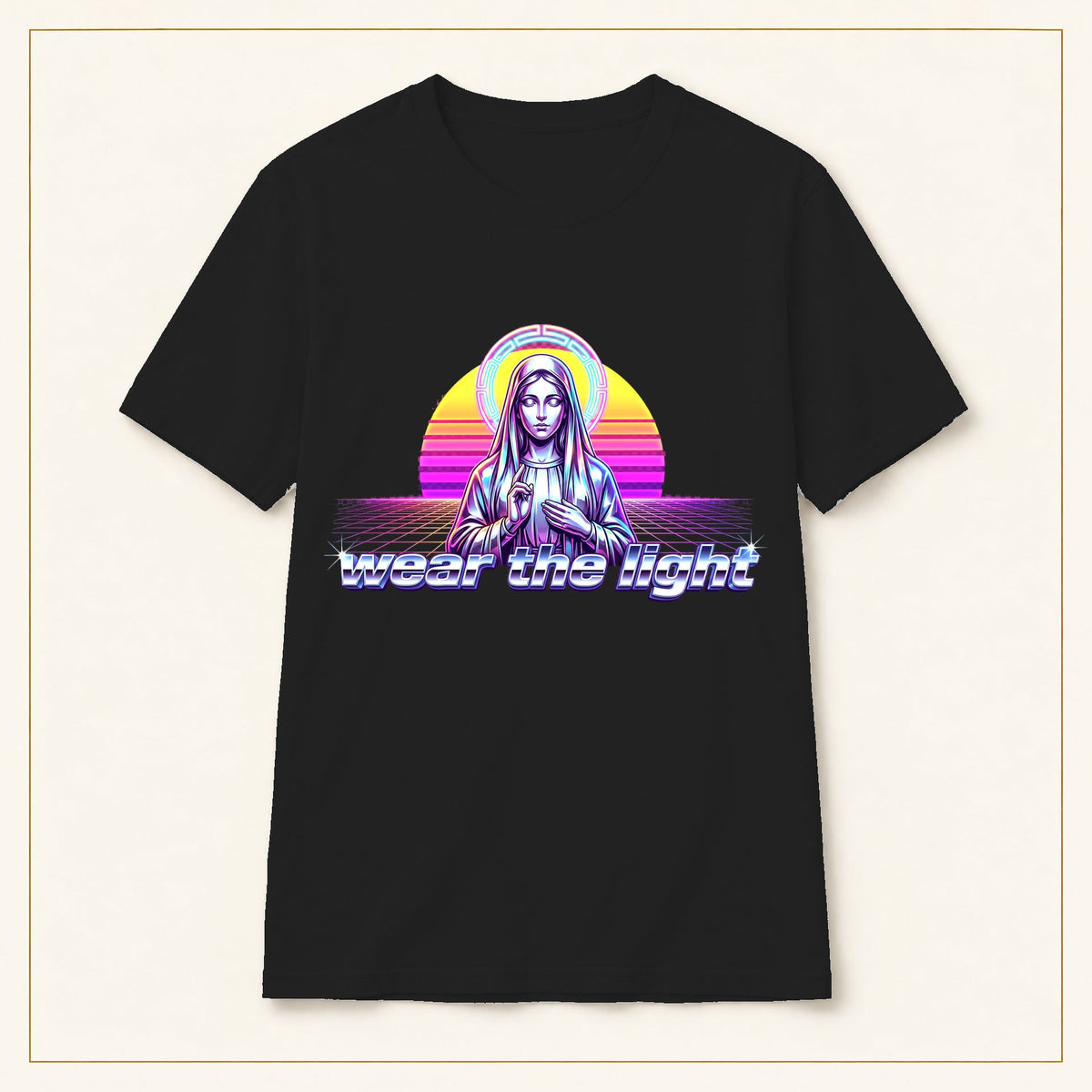 Vaporwave Madonna T-Shirt — Wear the Light — black shirt on warm limestone with gold frame