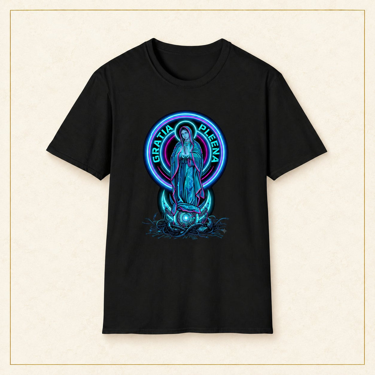 Gratia Plena T-Shirt — Neon Virgin Mary — black shirt on warm limestone with gold frame