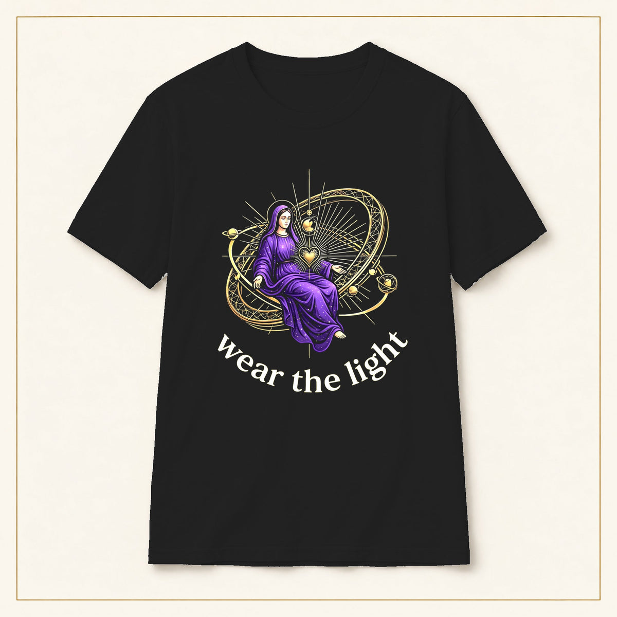 Mystic Goddess T-Shirt — Celestial Orb — black shirt on warm limestone with gold frame