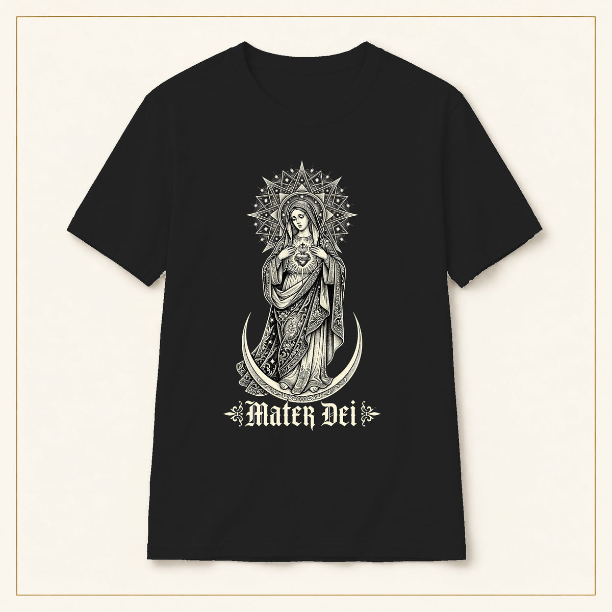 Mater Dei Sacred Heart T-Shirt — Gothic Madonna — black shirt on warm limestone with gold frame