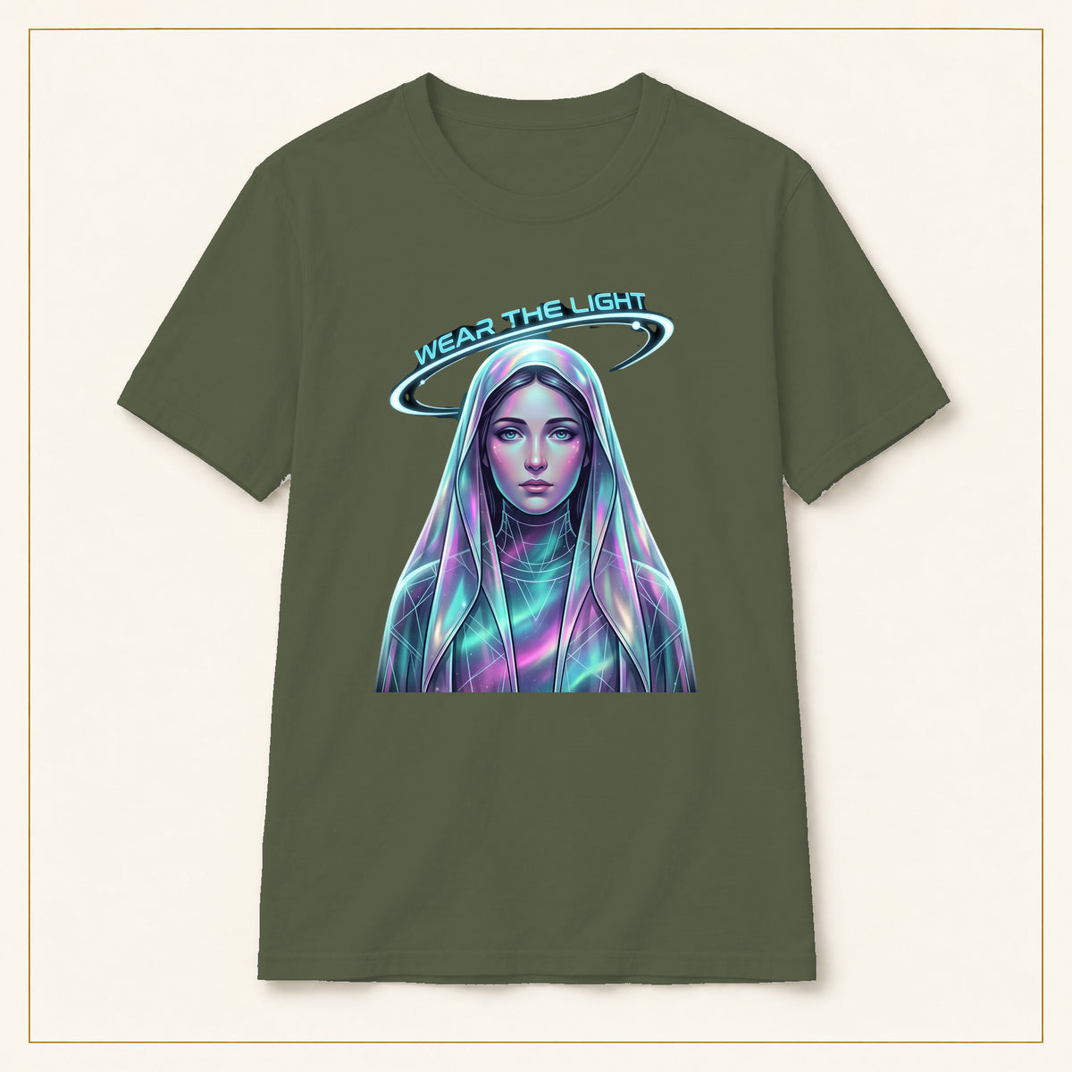 Neon Halo Portrait T-Shirt — Wear the Light — compact lay-flat, production print scale and placement — Military Green