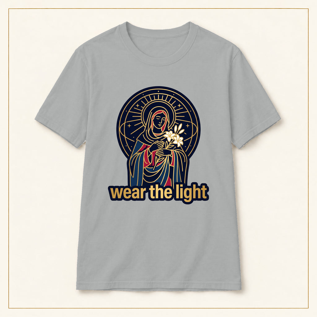 Radiant Madonna T-Shirt — Wear the Light — compact lay-flat, production print scale and placement — Sport Grey