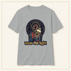 Radiant Madonna T-Shirt — Wear the Light — compact lay-flat, production print scale and placement — Sport Grey