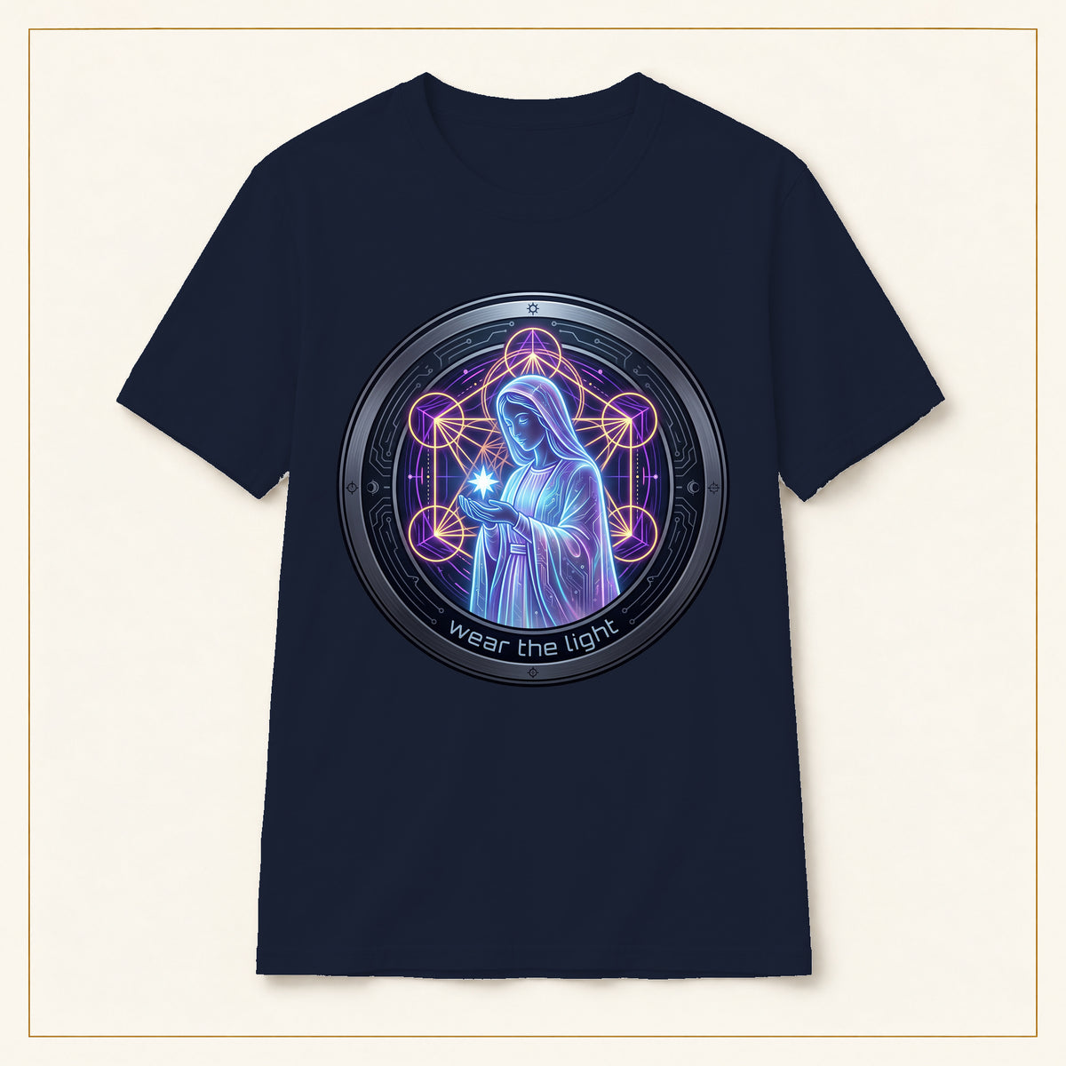Virgin Mary T-Shirt — Neon Sacred Geometry — compact lay-flat, production print scale and placement — Navy