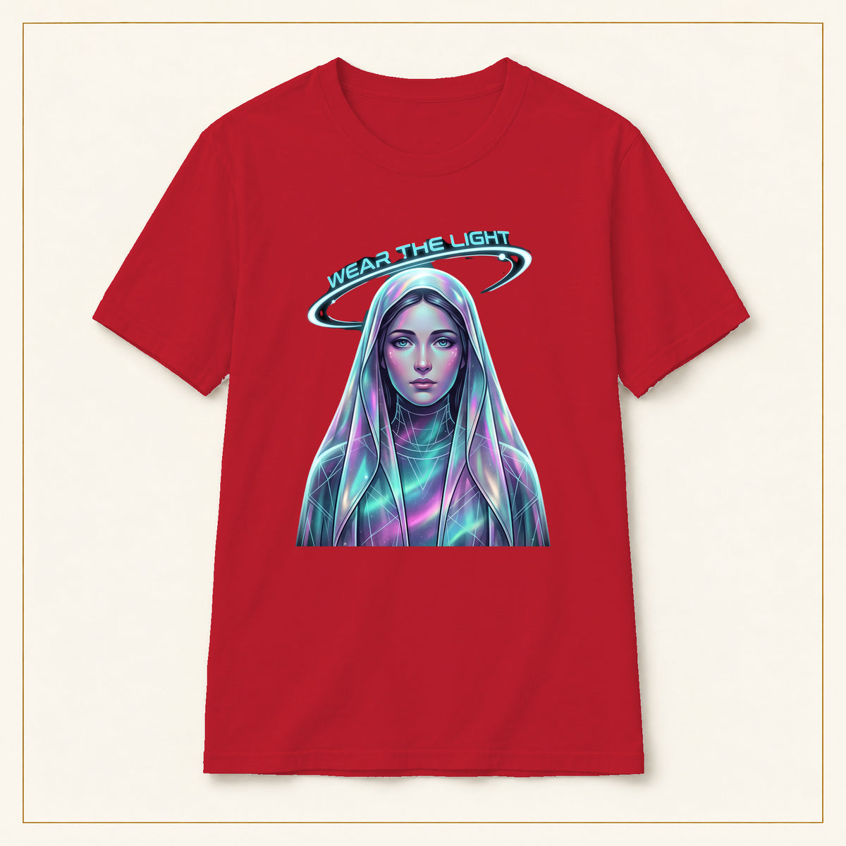 Neon Halo Portrait T-Shirt — Wear the Light — compact lay-flat, production print scale and placement — Red