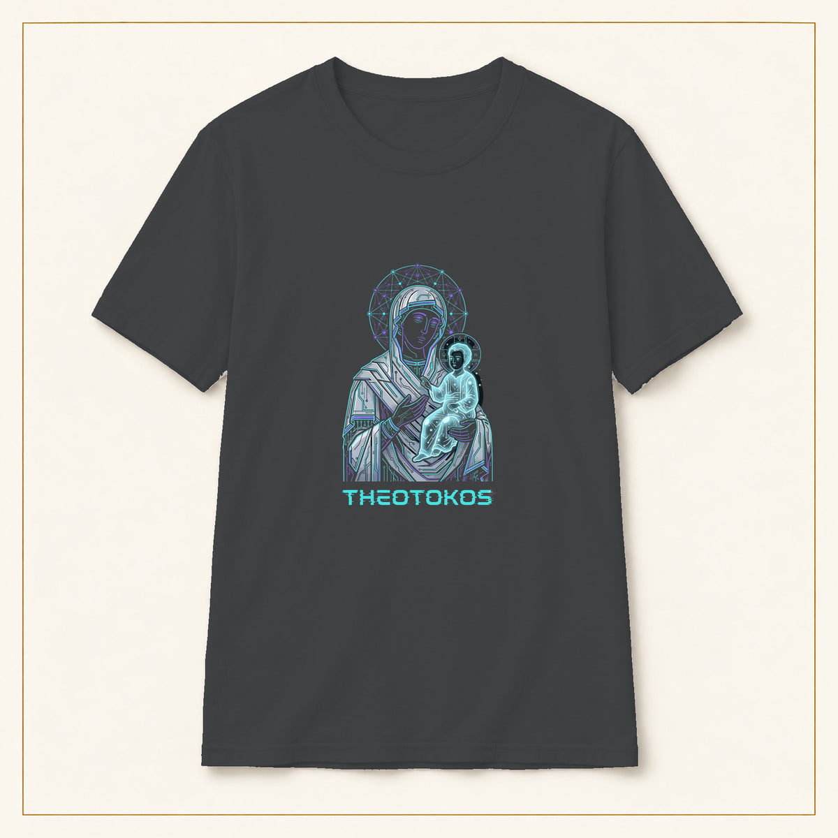 Theotokos T-Shirt — Neon Madonna & Child — compact lay-flat, production print scale and placement — Dark Heather