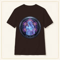 Virgin Mary T-Shirt — Neon Sacred Geometry — compact lay-flat, production print scale and placement — Dark Chocolate