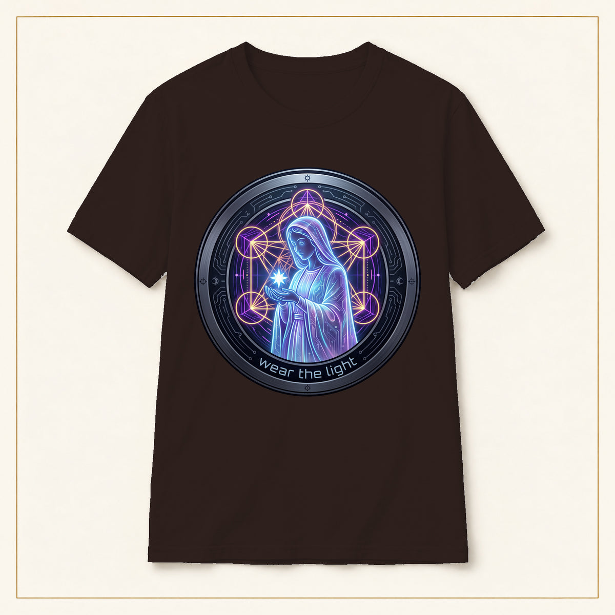 Virgin Mary T-Shirt — Neon Sacred Geometry — compact lay-flat, production print scale and placement — Dark Chocolate