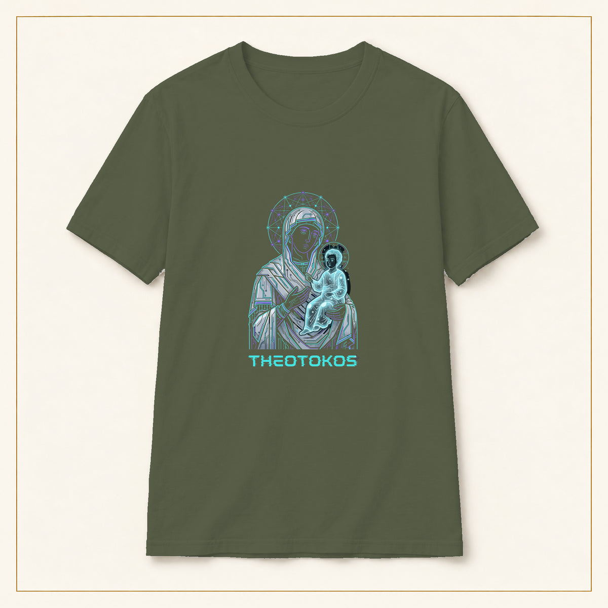 Theotokos T-Shirt — Neon Madonna & Child — compact lay-flat, production print scale and placement — Military Green