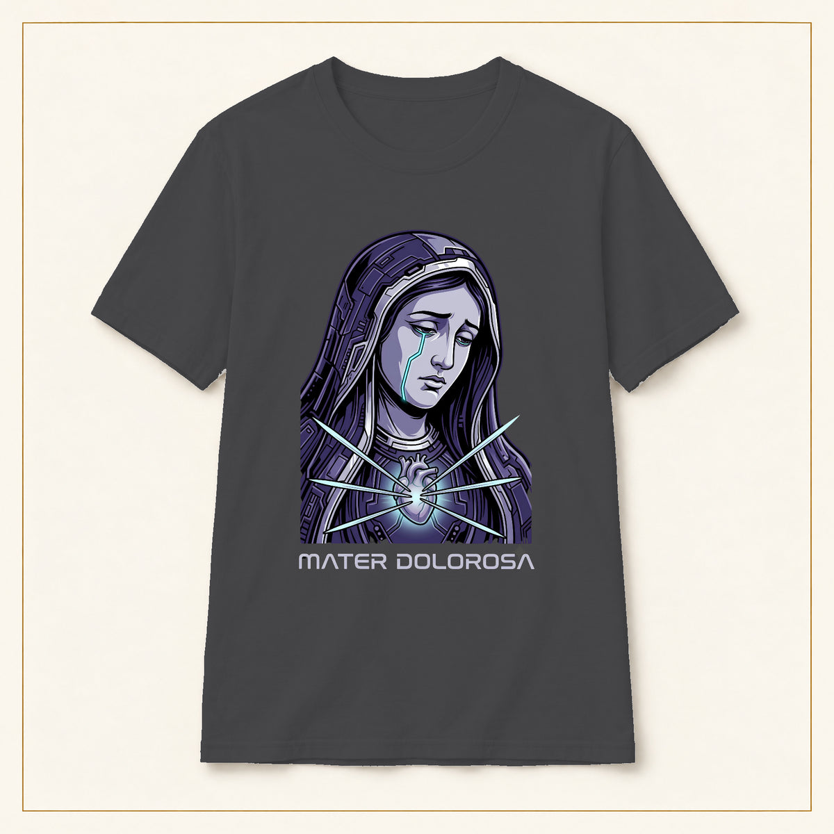 Crying Madonna T-Shirt — Winter Soldier — compact lay-flat, original print scale and placement — Dark Heather