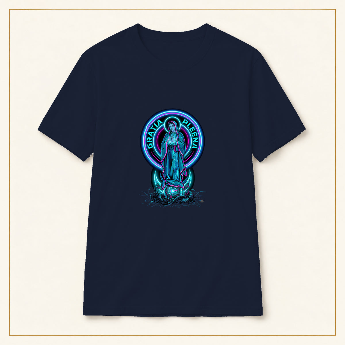 Gratia Plena T-Shirt — Neon Virgin Mary — compact lay-flat, production print scale and placement — Navy