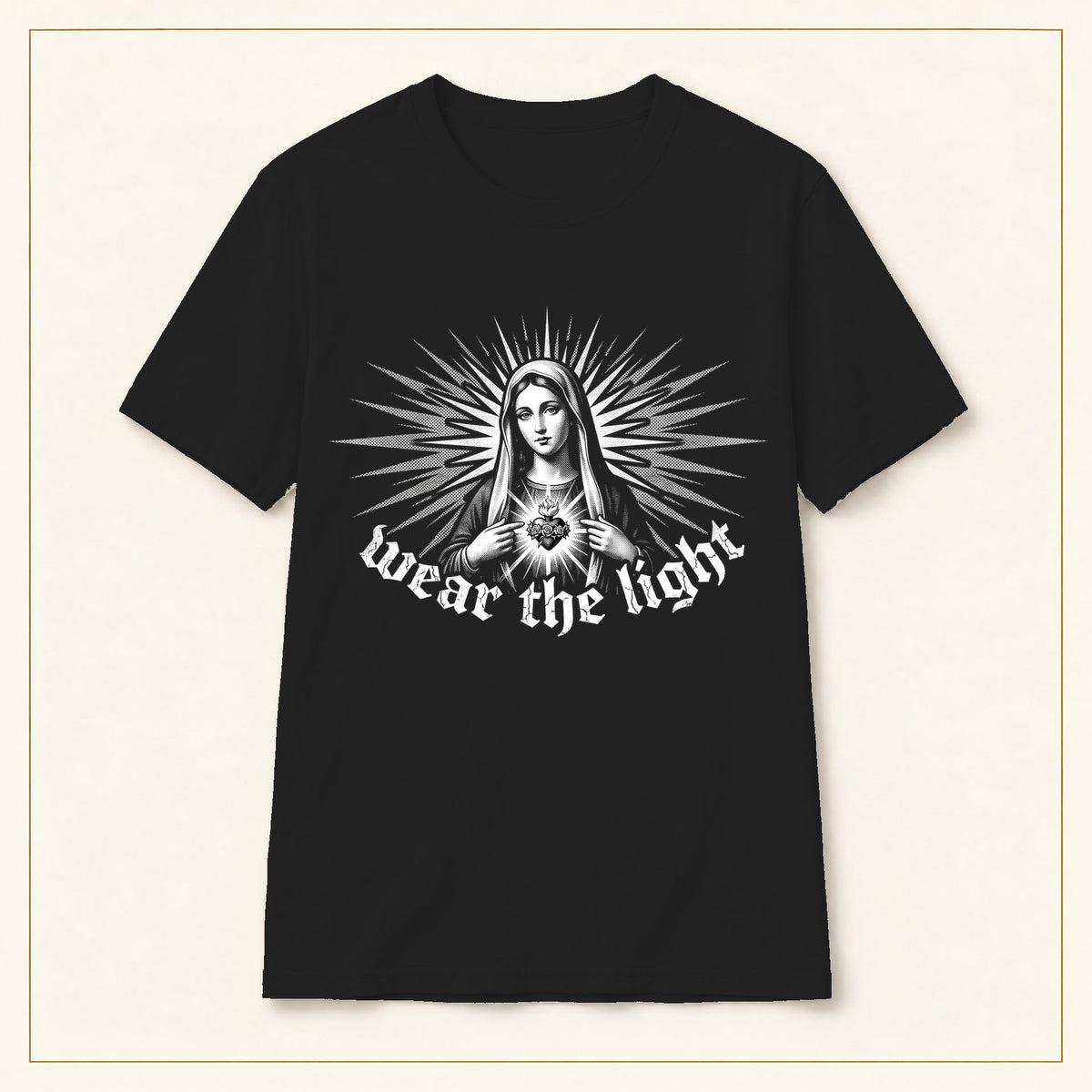 Radiant Madonna T-Shirt — Gothic Sacred Art — black shirt on warm limestone with gold frame