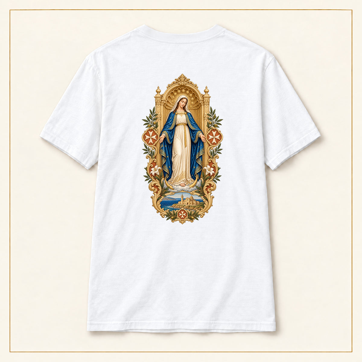 Our Lady of Ta' Pinu — Queen of Gozo White T-Shirt — compact lay-flat, original print scale and placement — back view