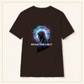 Sci-Fi Halo T-Shirt — Embrace the Light — compact lay-flat, production print scale and placement — Dark Chocolate