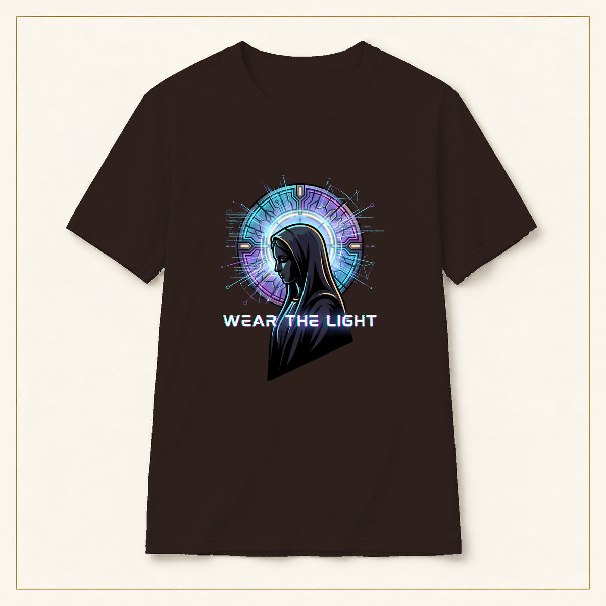 Sci-Fi Halo T-Shirt — Embrace the Light — compact lay-flat, production print scale and placement — Dark Chocolate