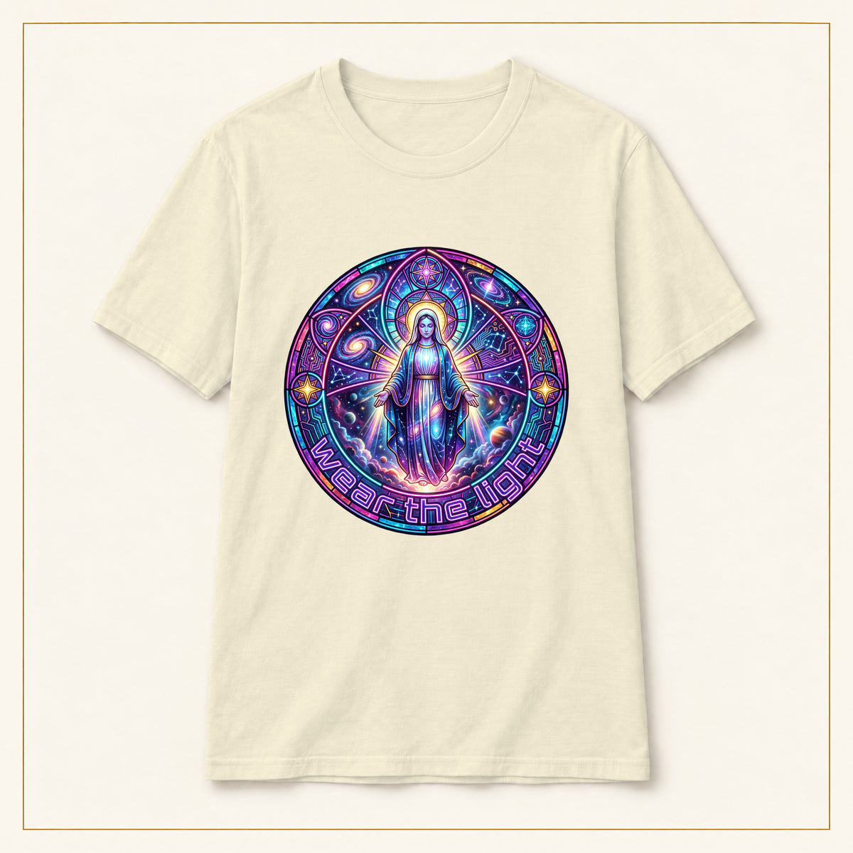 Mystic Madonna T-Shirt — Cosmic Stained Glass — compact lay-flat, production print scale and placement — Natural