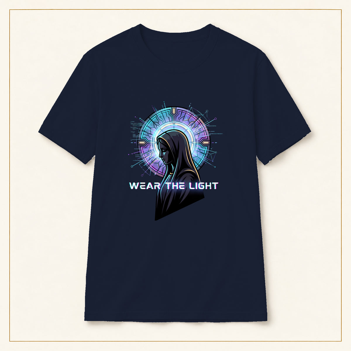 Sci-Fi Halo T-Shirt — Embrace the Light — compact lay-flat, production print scale and placement — Navy