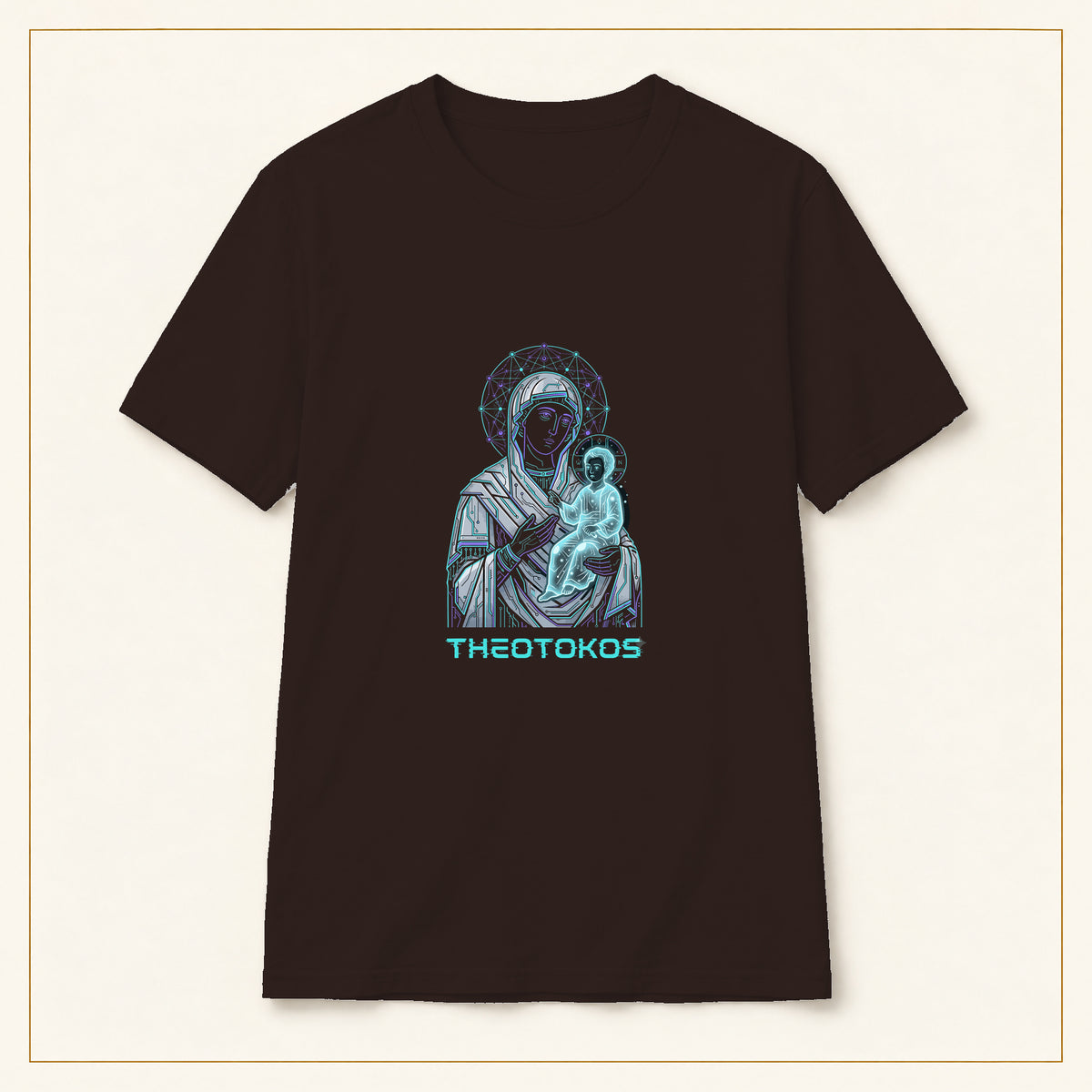 Theotokos T-Shirt — Neon Madonna & Child — compact lay-flat, production print scale and placement — Dark Chocolate