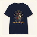 Radiant Madonna T-Shirt — Wear the Light — compact lay-flat, production print scale and placement — Navy