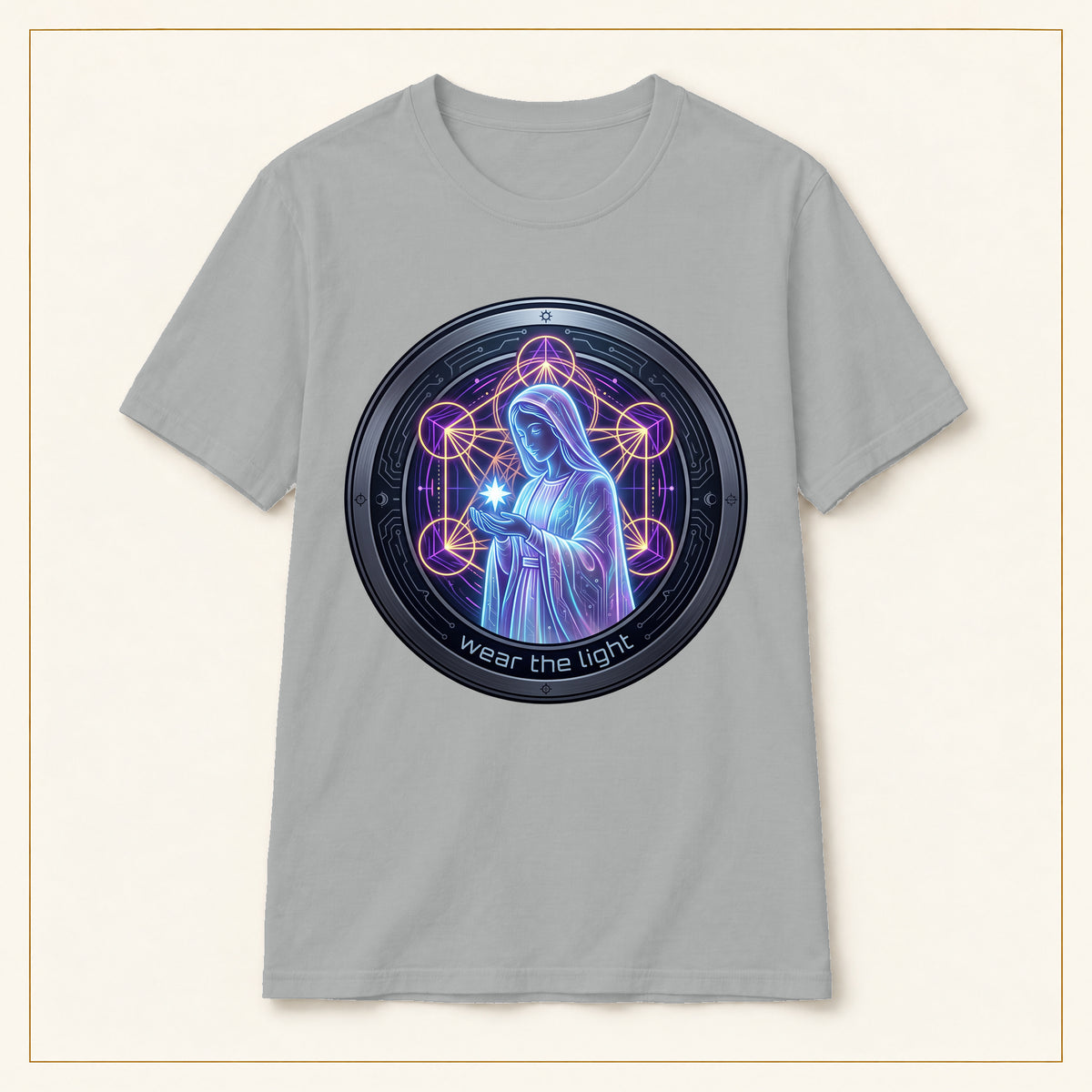 Virgin Mary T-Shirt — Neon Sacred Geometry — compact lay-flat, production print scale and placement — Sport Grey