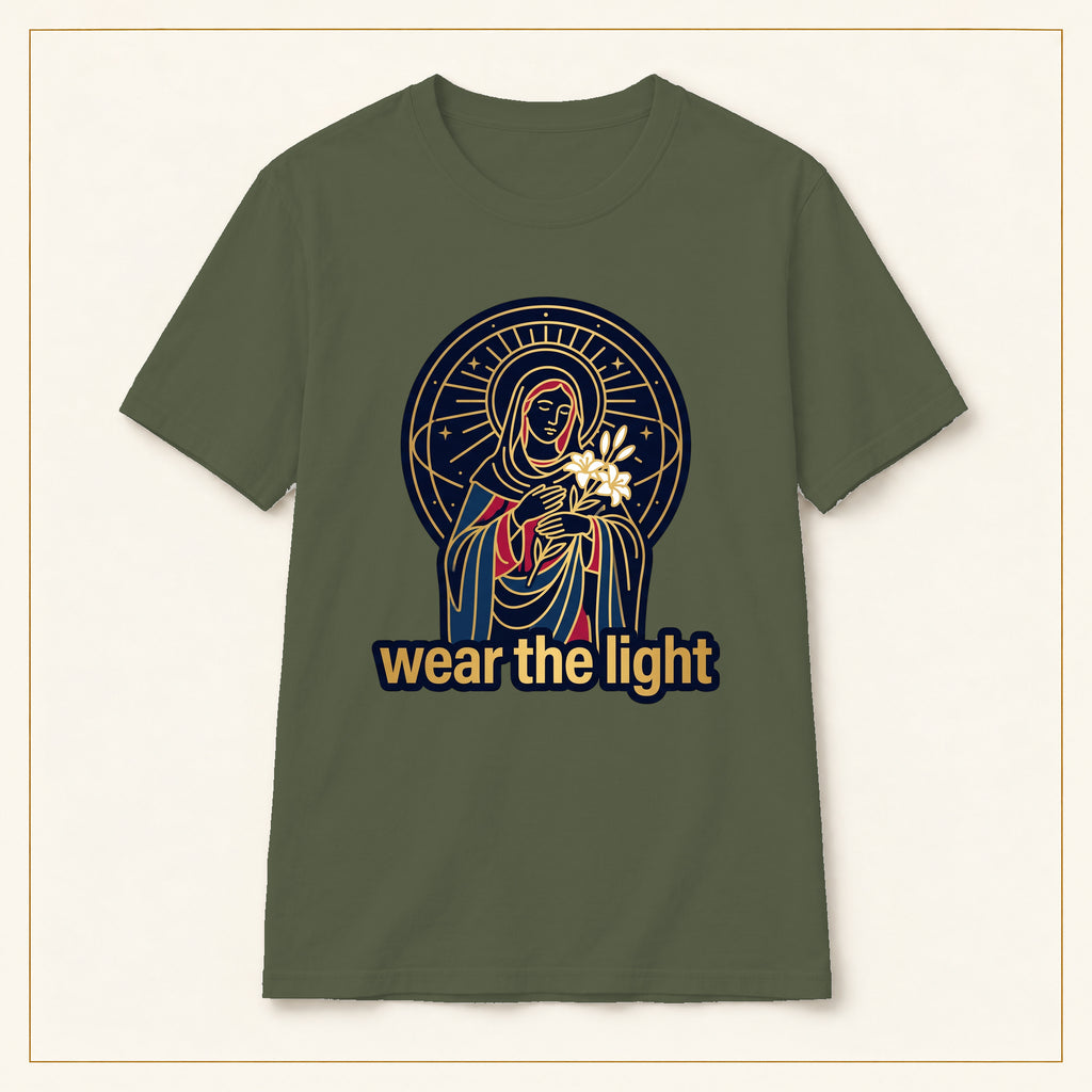 Radiant Madonna T-Shirt — Wear the Light — compact lay-flat, production print scale and placement — Military Green