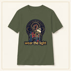 Radiant Madonna T-Shirt — Wear the Light — compact lay-flat, production print scale and placement — Military Green