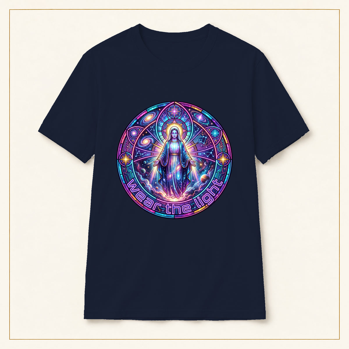 Mystic Madonna T-Shirt — Cosmic Stained Glass — compact lay-flat, production print scale and placement — Navy