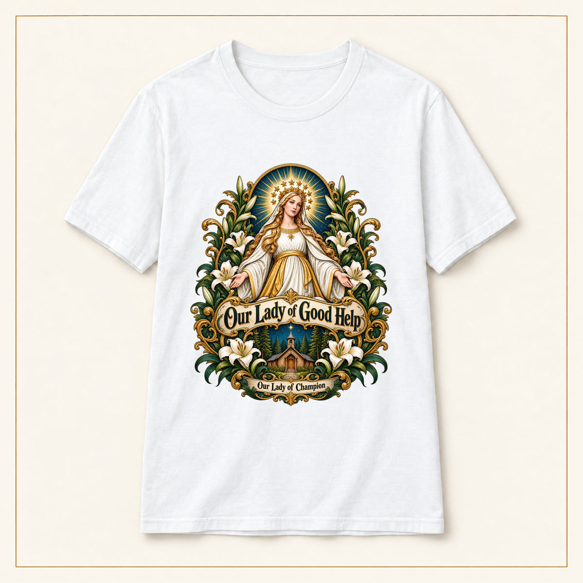 Our Lady of Good Help T-Shirt — Champion Medallion