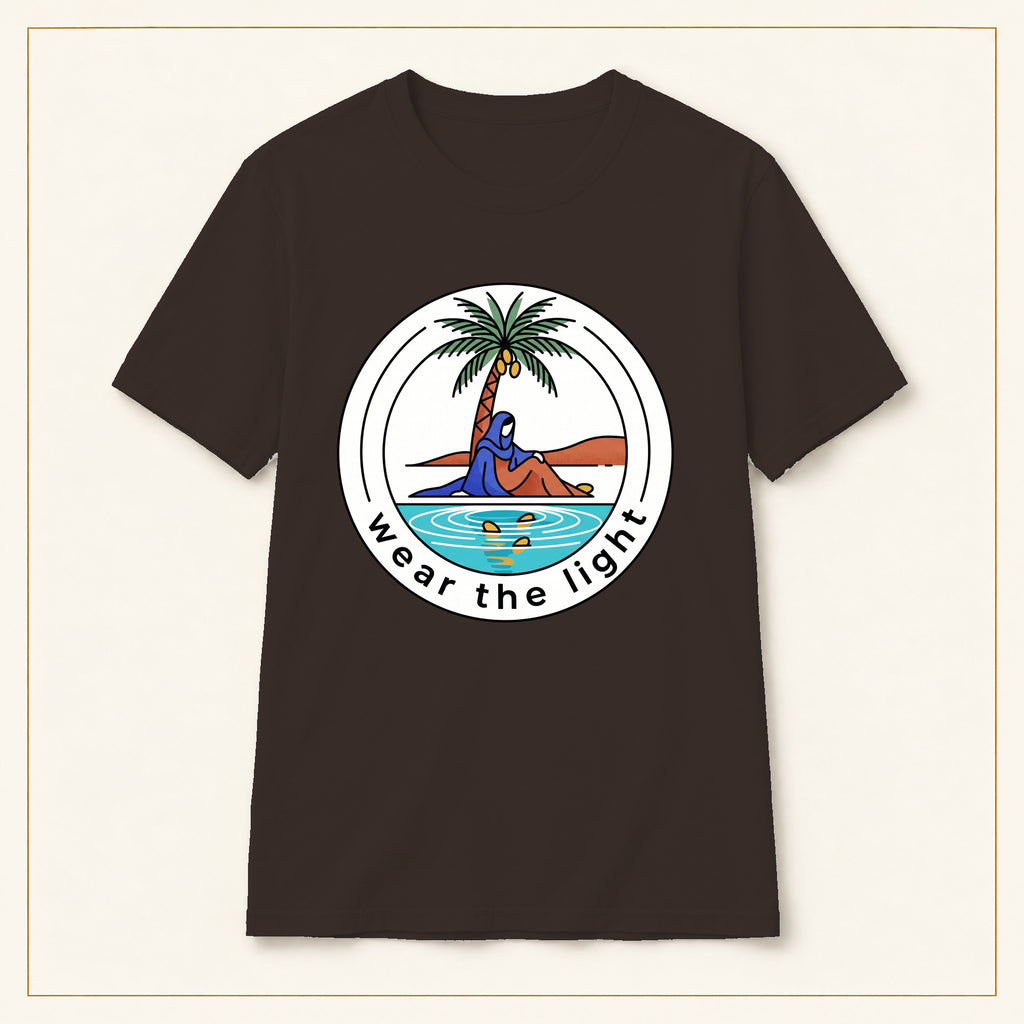 Surf Palm T-Shirt — Wear the Light — compact lay-flat, original print scale and placement — Dark Chocolate
