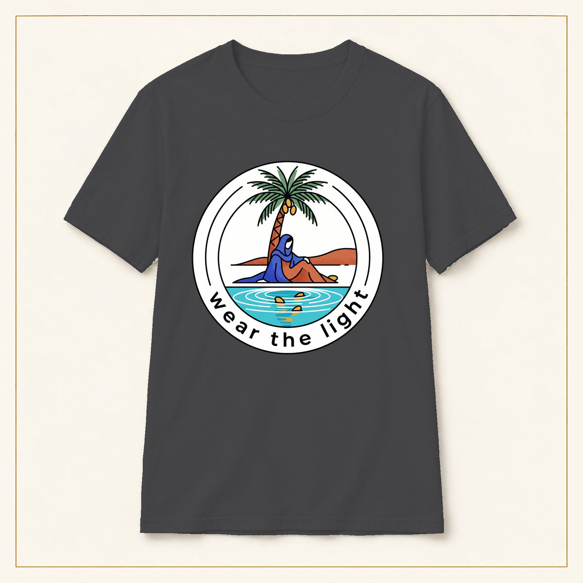 Surf Palm T-Shirt — Wear the Light — compact lay-flat, original print scale and placement — Dark Heather
