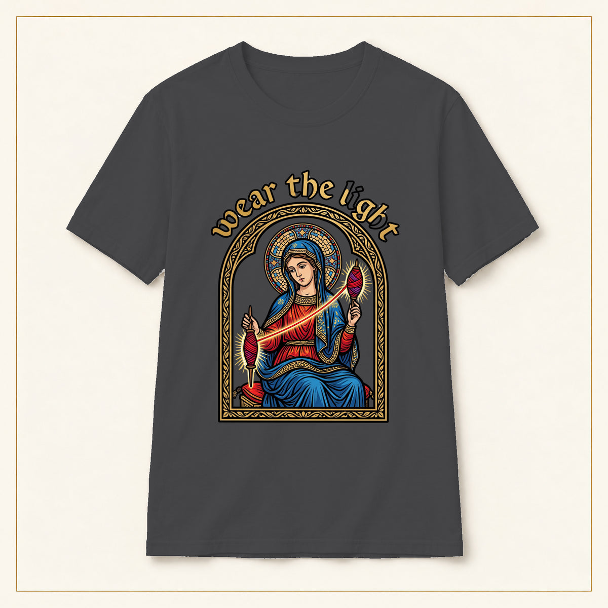 Sacred Madonna T-Shirt — Wear the Light — compact lay-flat, original print scale and placement — Dark Heather