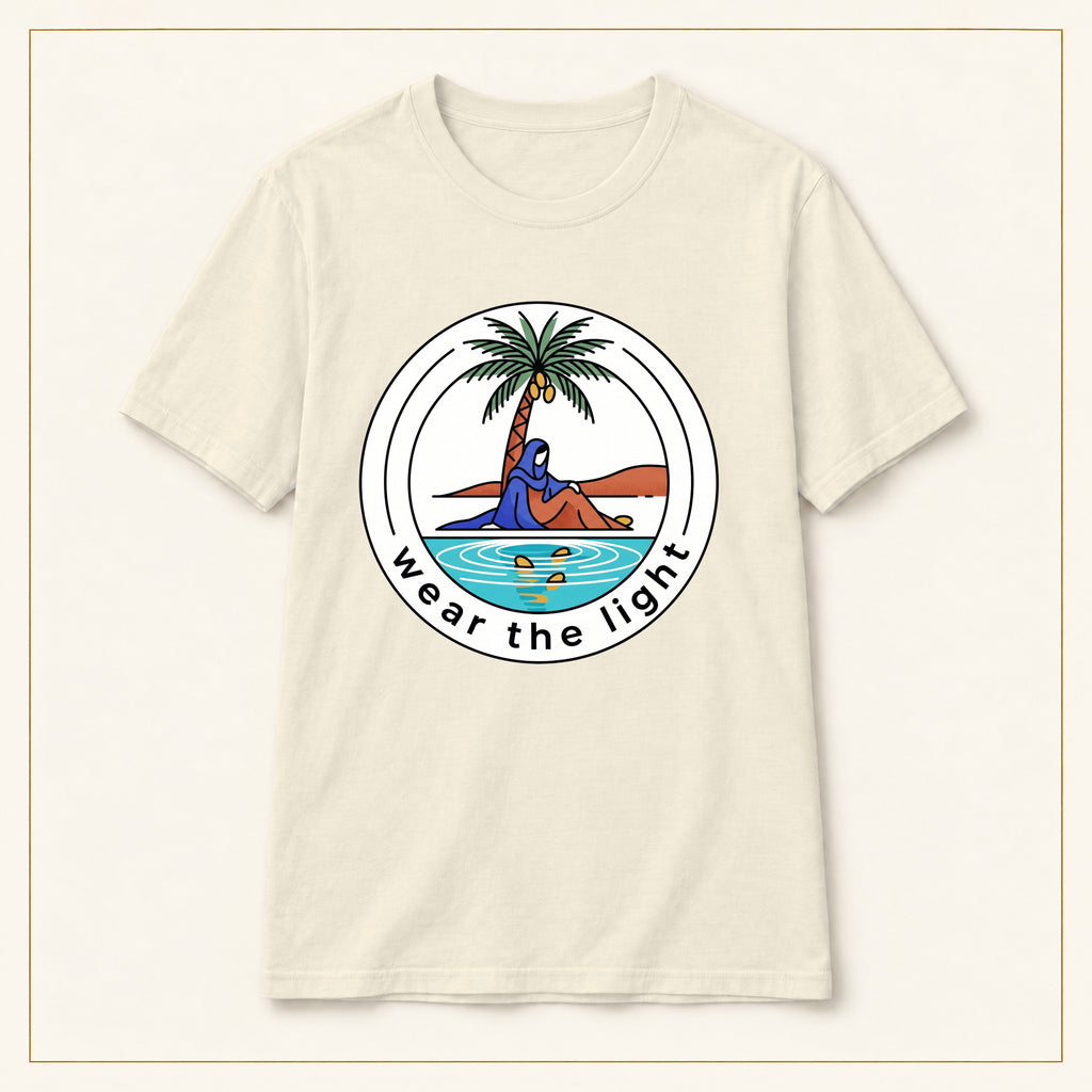 Surf Palm T-Shirt — Wear the Light — compact lay-flat, original print scale and placement — Natural