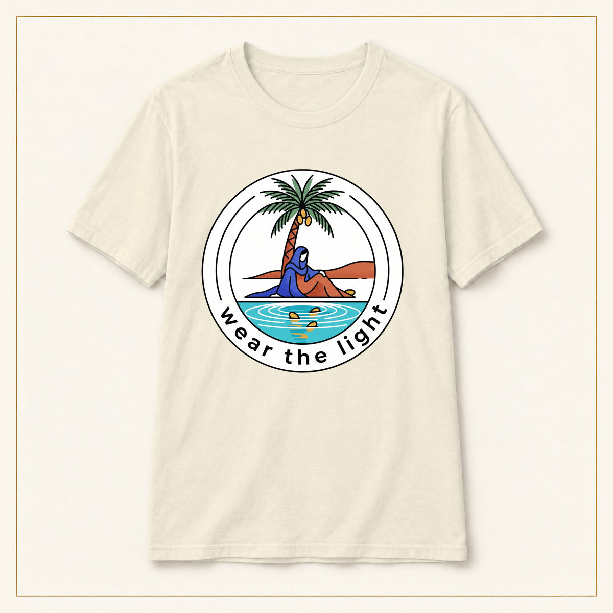 Surf Palm T-Shirt — Wear the Light — compact lay-flat, original print scale and placement — Natural