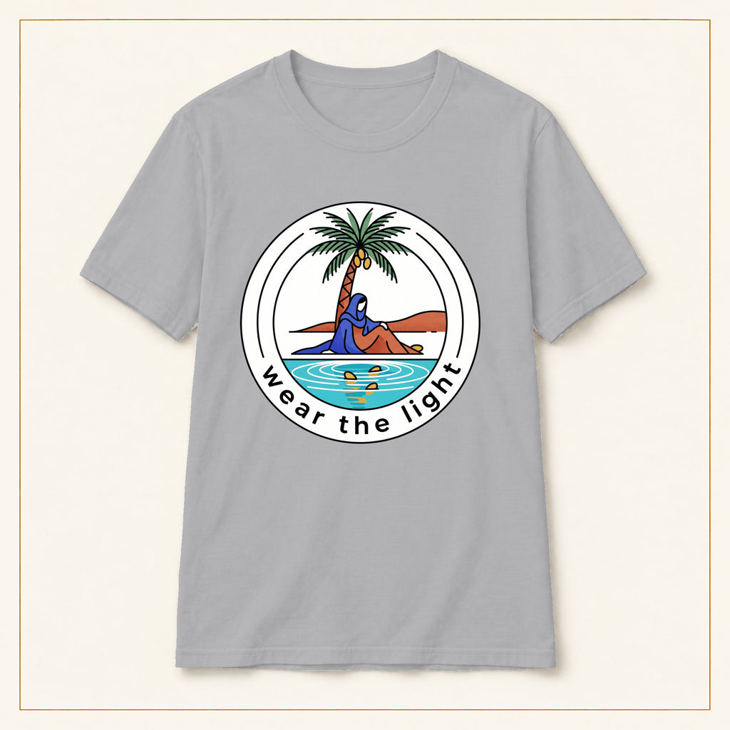 Surf Palm T-Shirt — Wear the Light — compact lay-flat, original print scale and placement — Sport Grey