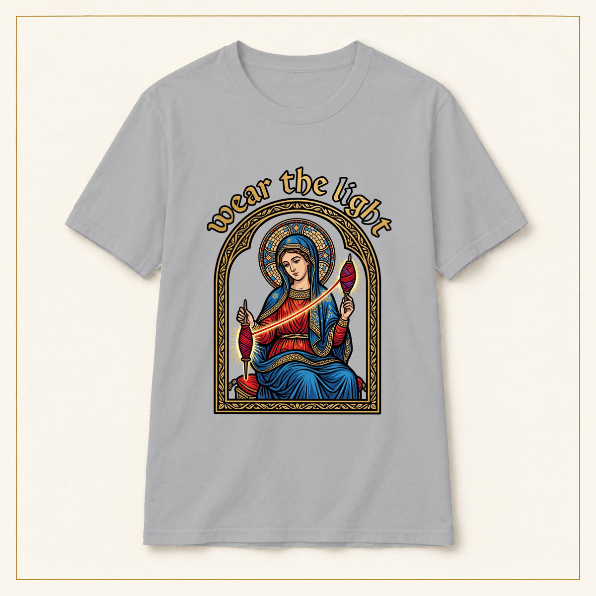 Sacred Madonna T-Shirt — Wear the Light — compact lay-flat, original print scale and placement — Sport Grey