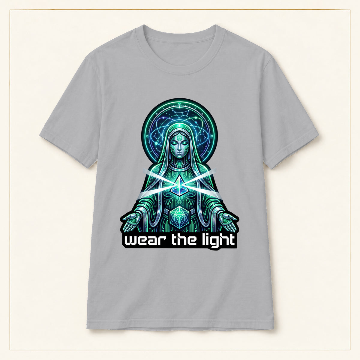 Mystic Goddess T-Shirt — Geometric Heart — compact lay-flat, original print scale and placement — Sport Grey