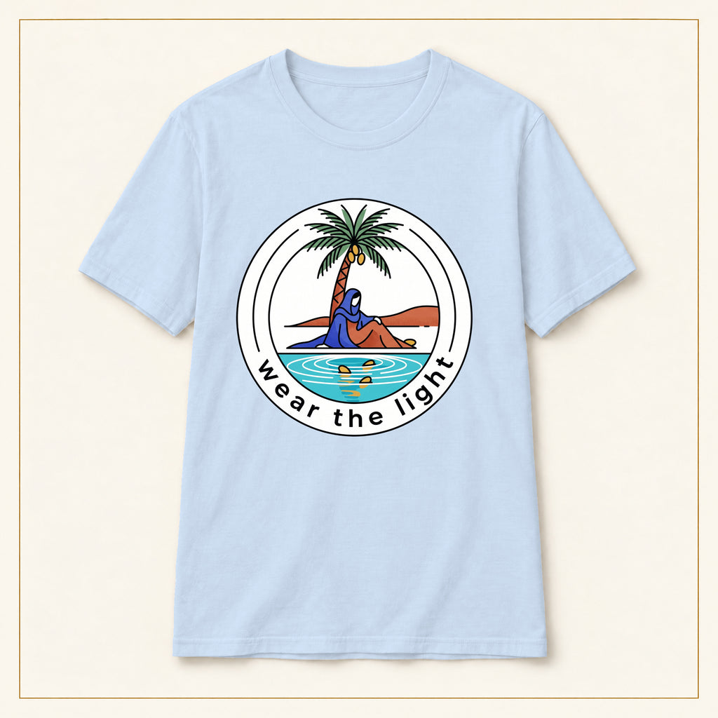 Surf Palm T-Shirt — Wear the Light — compact lay-flat, original print scale and placement — Light Blue