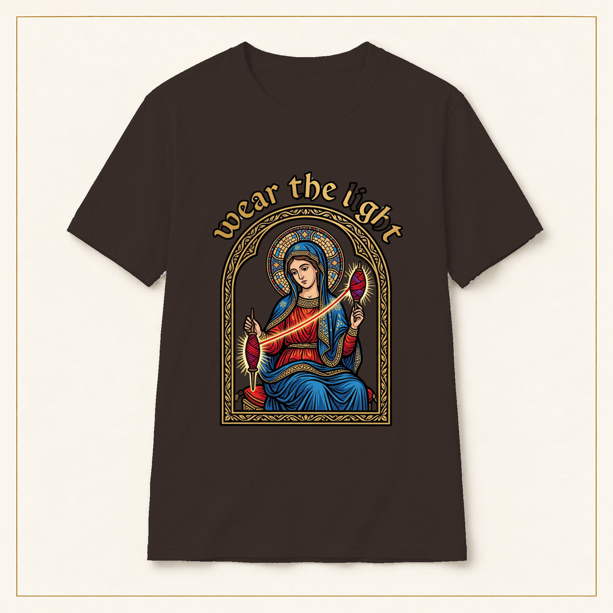 Sacred Madonna T-Shirt — Wear the Light — compact lay-flat, original print scale and placement — Dark Chocolate