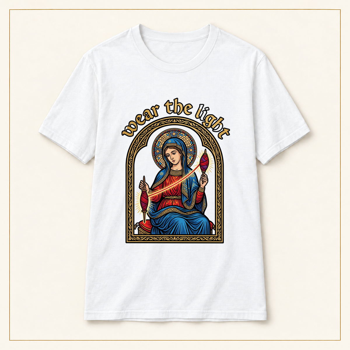 Sacred Madonna T-Shirt — Wear the Light — compact lay-flat, original print scale and placement — White